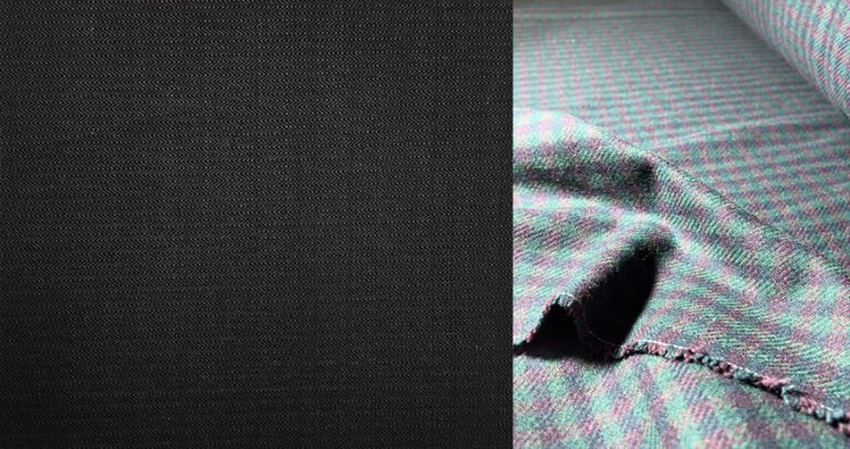 Merino vuneni štof – crna tkanina i šarena vuna sa dezenom u zeleno-ljubičastim tonovima