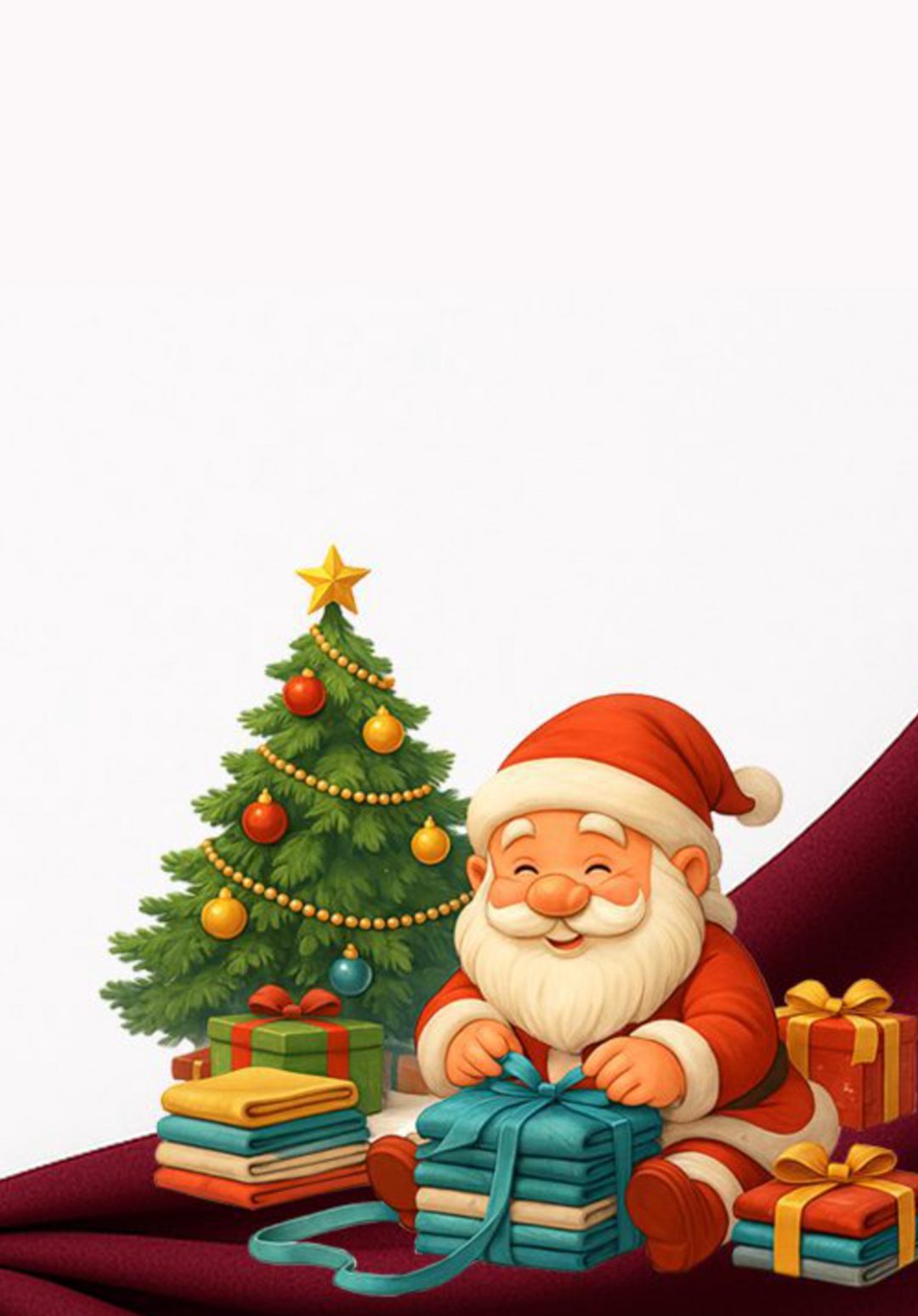 Štrićko sedi ispod novogodišnje jelke i pakuje tekstil u poklone na tamnozeleno-bordo tkanini – praznična ilustracija za stric.rs.