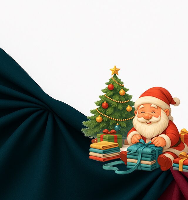 Štrićko sedi ispod novogodišnje jelke i pakuje tekstil u poklone na tamnozeleno-bordo tkanini – praznična ilustracija za stric.rs.