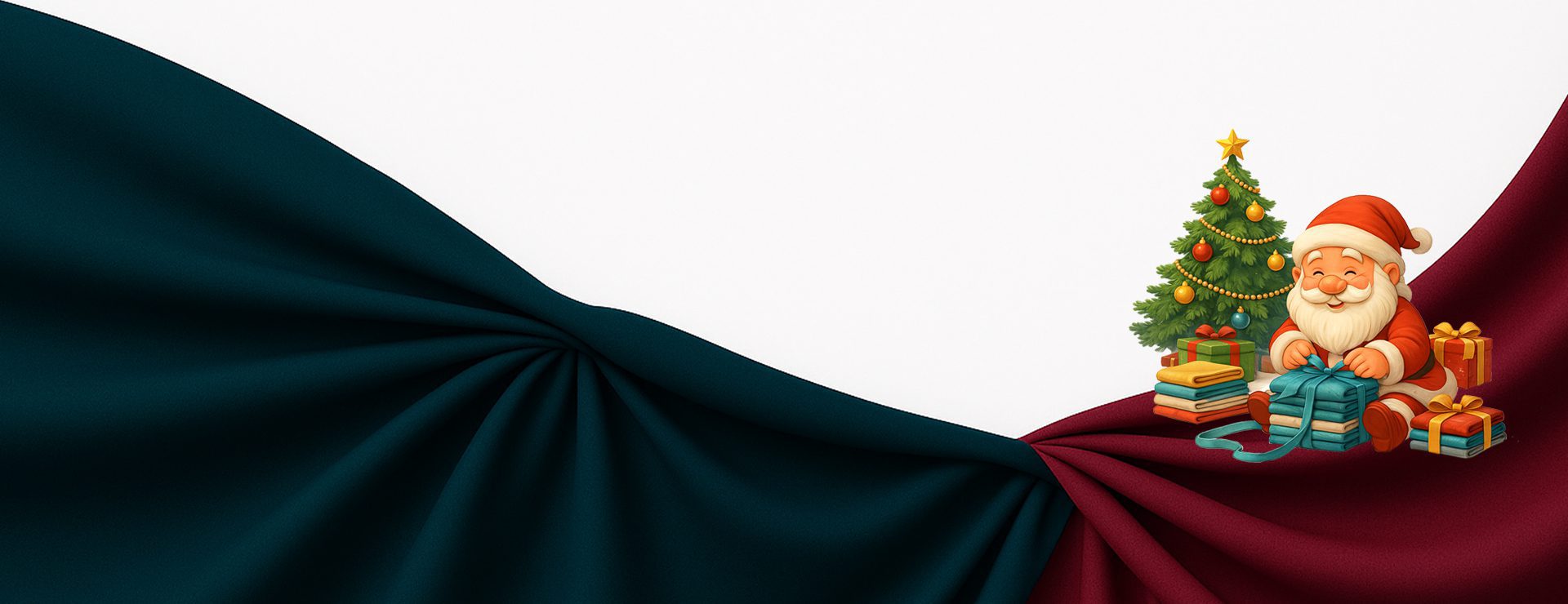 Štrićko sedi ispod novogodišnje jelke i pakuje tekstil u poklone na tamnozeleno-bordo tkanini – praznična ilustracija za stric.rs.