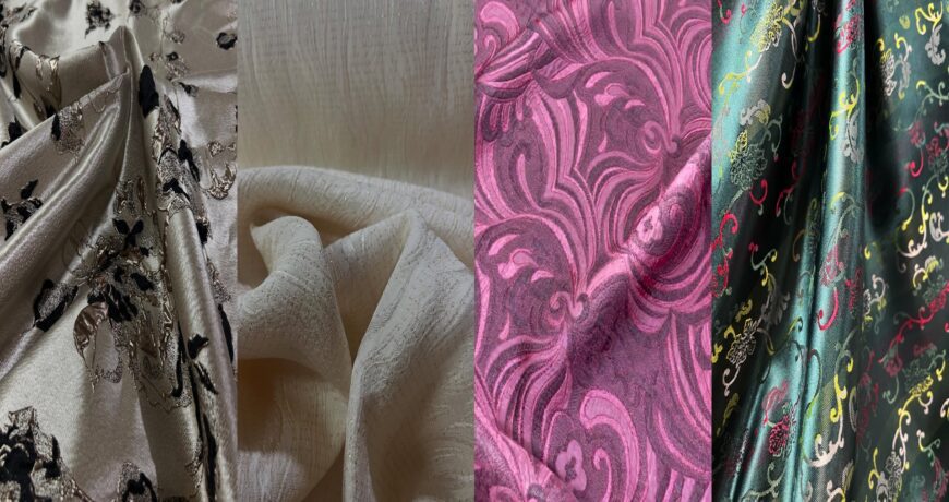 Brokat materijali sa reljefnim ornamentima – primeri luksuznog brokata u različitim bojama i dezenima