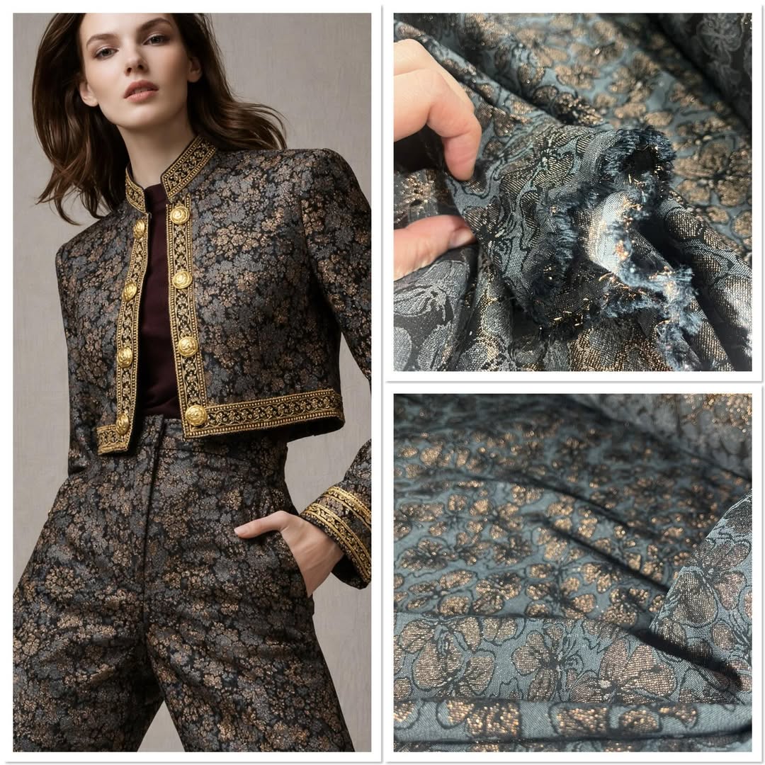 Elegantni brokat žakard sa zlatnim floralnim motivima