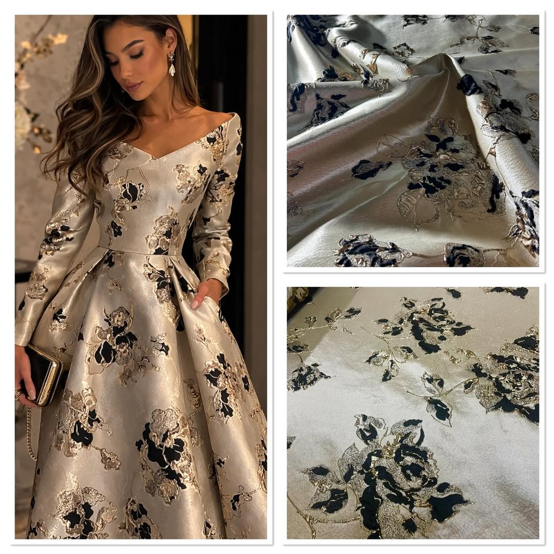 Luksuzni brokat žakard sa cvetnim motivima u metalik zlatnoj boji