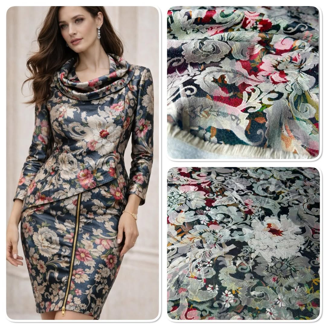 Elegantni satenski keper sa floralnim dezenom na tamnoj osnovi